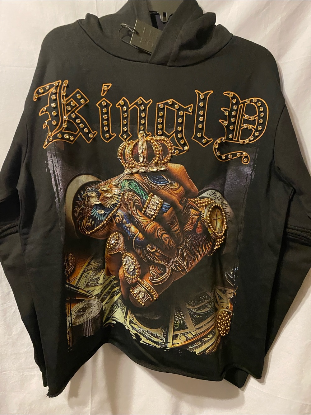 Left point Men's Black Hoodie with Gold Graphic Detail campus style